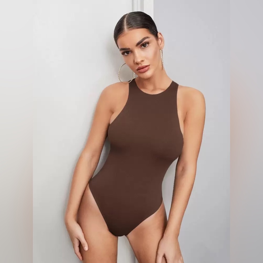 SHEIN BAE Women’s Solid Tank Bodysuit Coffee Brown Size Large